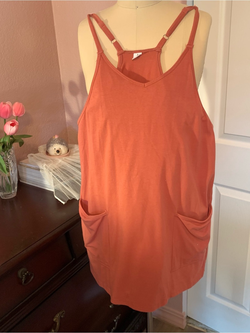 ANRABESS Rust Orange Athletic Pocket Tank Mini Dress with Shorts